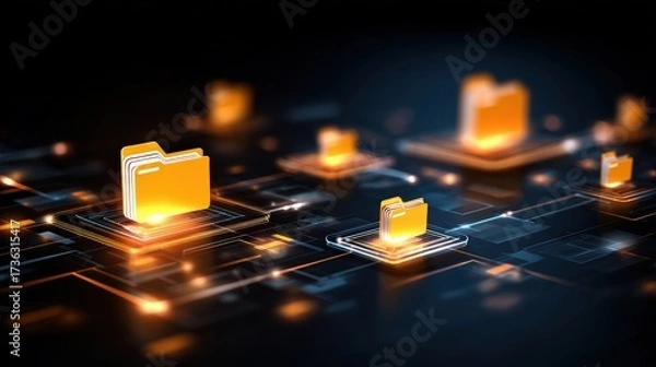 Fototapeta Abstract network grid with files and folders, futuristic software interface, digital document management system, store, search and organize documents, corporate business, paperless office	