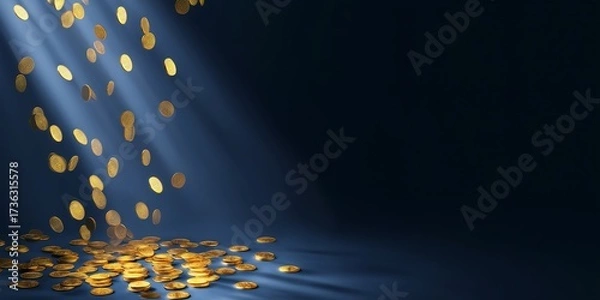 Fototapeta Falling Gold Coins with Light Rays