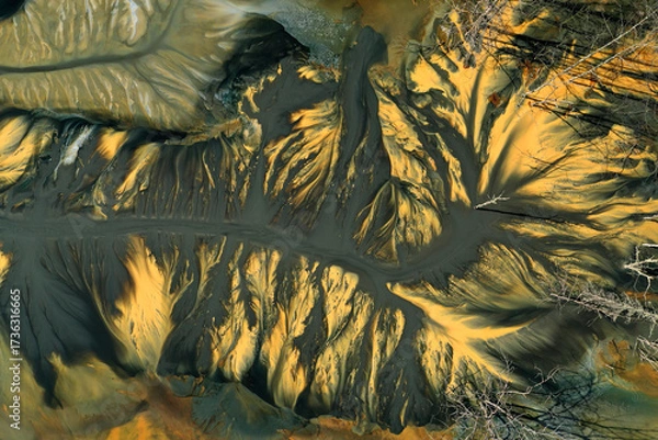 Fototapeta Ecological catastrophe nature pollution concept. Aerial view of abstract natural patterns. Acid mine drainage water background