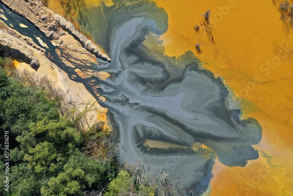 Fototapeta Ecological catastrophe nature pollution concept. Aerial view of abstract natural patterns. Acid mine drainage water background