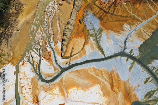 Fototapeta Ecological catastrophe nature pollution concept. Aerial view of abstract natural patterns. Acid mine drainage water background