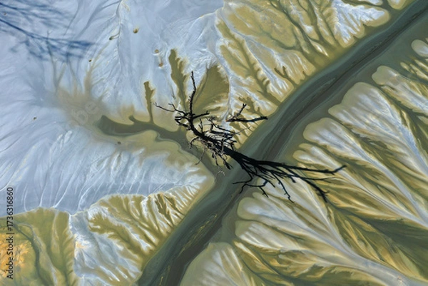 Fototapeta Ecological catastrophe nature pollution concept. Aerial view of abstract natural patterns. Acid mine drainage water background