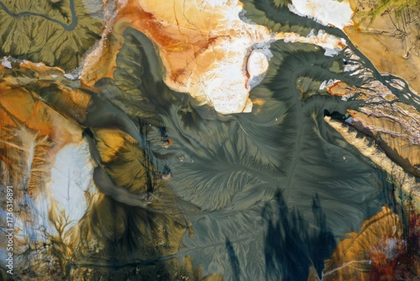 Fototapeta Ecological catastrophe nature pollution concept. Aerial view of abstract natural patterns. Acid mine drainage water background