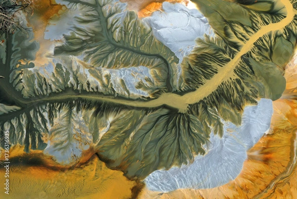 Fototapeta Ecological catastrophe nature pollution concept. Aerial view of abstract natural patterns. Acid mine drainage water background