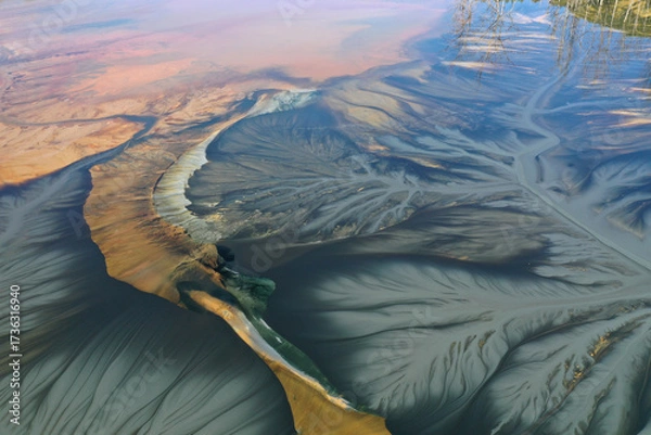 Fototapeta Ecological catastrophe nature pollution concept. Aerial view of abstract natural patterns. Acid mine drainage water background