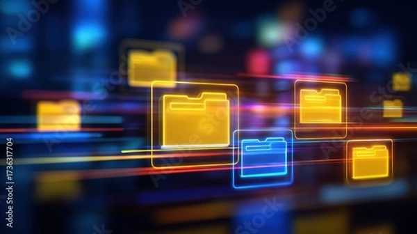 Fototapeta Abstract network grid with files and folders, futuristic software interface, digital document management system, store, search and organize documents, corporate business, paperless office	