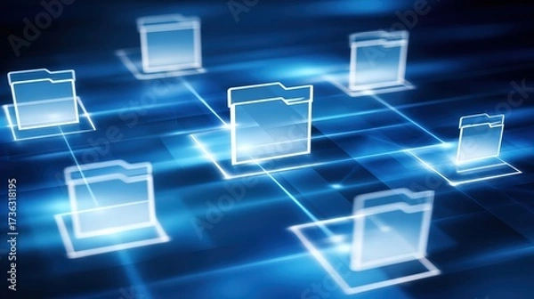 Fototapeta Abstract network grid with files and folders, futuristic software interface, digital document management system, store, search and organize documents, corporate business, paperless office	