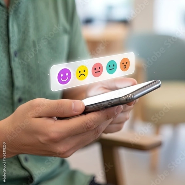 Fototapeta Person Providing Digital Feedback, Selecting a Happy Purple Emoji on a Floating Holographic Interface Above a Smartphone, Symbolizing Customer Satisfaction, Service Evaluation