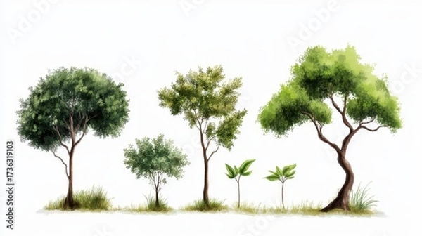 Fototapeta Vector graphic showing natural growth of trees, small to large, green leaves appearing at each stage