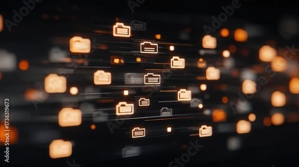 Fototapeta Abstract network grid with files and folders, futuristic software interface, digital document management system, store, search and organize documents, corporate business, paperless office	