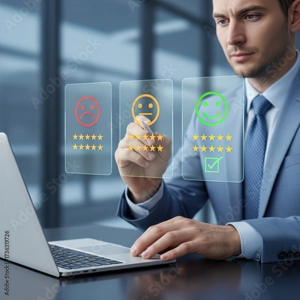 Fototapeta Professional Businessman Giving Feedback on a Virtual Interface, Selecting a Five star Rating for Customer Satisfaction, Digital Survey, User Experience