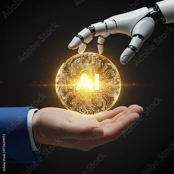 Fototapeta Human Hand Offers Glowing Ai Circuit Sphere as Robotic Hand Descends, Symbolizing Future Collaboration, Digital Innovation, and Advanced Technology