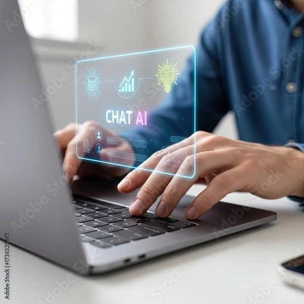 Fototapeta Persons Hands Typing on a Laptop, Interacting with a Futuristic chat Ai Holographic Interface, Symbolizing Digital Innovation, Data Processing, and Advanced Technological Solutions