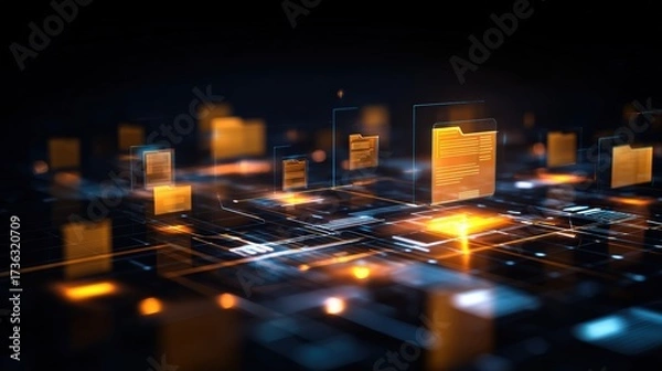 Fototapeta Abstract network grid with files and folders, futuristic software interface, digital document management system, store, search and organize documents, corporate business, paperless office	