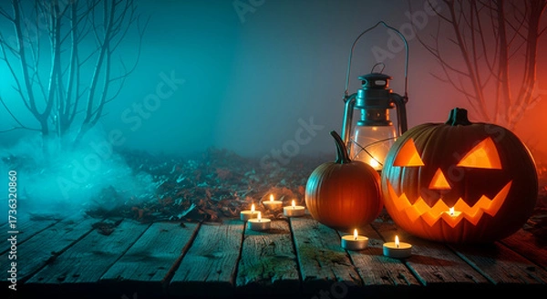 Fototapeta Spooky Halloween Scene with Jack-o- Lantern and Lantern