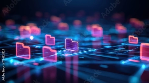 Fototapeta Abstract network grid with files and folders, futuristic software interface, digital document management system, store, search and organize documents, corporate business, paperless office	