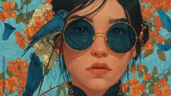 Fototapeta A vibrant portrait of an Asian woman with large sunglasses and flowers in her hair, capturing a dreamy blend of fantasy and realism, set against a backdrop of orange blossoms and blue birds.