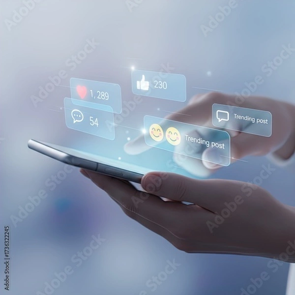 Fototapeta Hands Holding a Smartphone with Holographic Social Media Notifications, Displaying Likes, Comments, and Trending Posts, Symbolizing Modern Digital Communication and Virtual Interactions