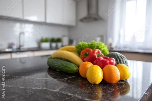Fototapeta A stylish black marble kitchen counter showcases an array of fresh fruits and vegetables, complemented by white walls. The minimalist design and soft lighting create a serene and inviting atmosphere.