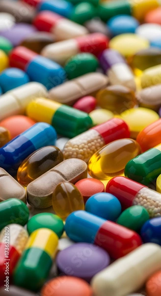 Fototapeta Assorted colorful capsules and pills background