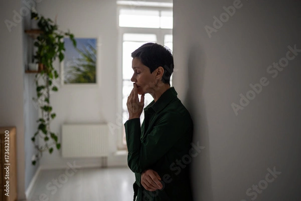 Fototapeta Nervous weary woman leaning against wall deep in thought in emotional numbness and anxiety. Mental struggle, inner conflict, bad news, psychological distress, emotional crisis, burden of problems