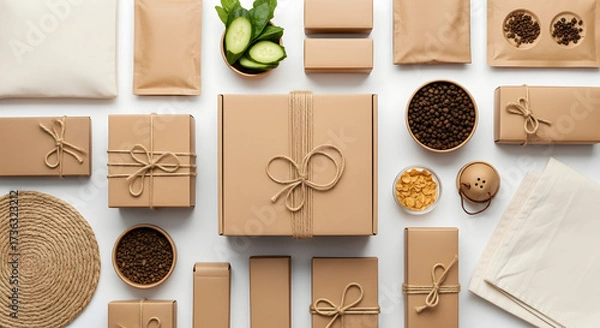 Fototapeta Assortment of packaged goods and ingredients arranged on a white surface