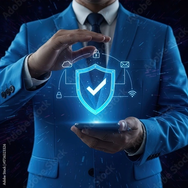 Fototapeta Digital Cybersecurity, Data Protection, Businessman Safeguarding Mobile Information with Glowing Shield, Cloud, Mail, Wi fi Icons, Online Privacy