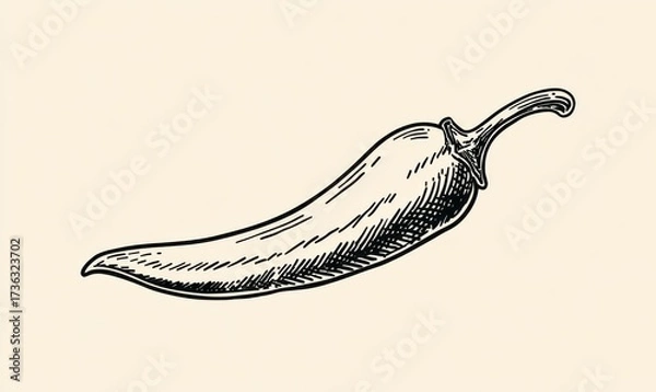 Fototapeta A playful hand-drawn chili pepper in a minimalist doodle style, featuring bold black lines on a white background. Perfect for menus or posters, adding a touch of vintage charm.