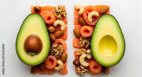 Fototapeta Avocado salmon nuts arrangement on white background