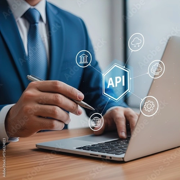 Fototapeta Professional Businessman Uses a Laptop, Demonstrating Api Connectivity, Digital Integration, and Technology Development for Global Business Solutions and Cloud Services