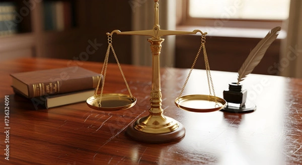 Fototapeta Balance scale on wooden table