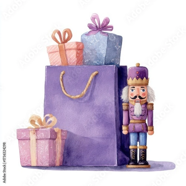 Fototapeta A whimsical watercolor illustration features a purple Christmas bag filled with colorful presents and a charming nutcracker, evoking festive cheer and a playful holiday spirit.