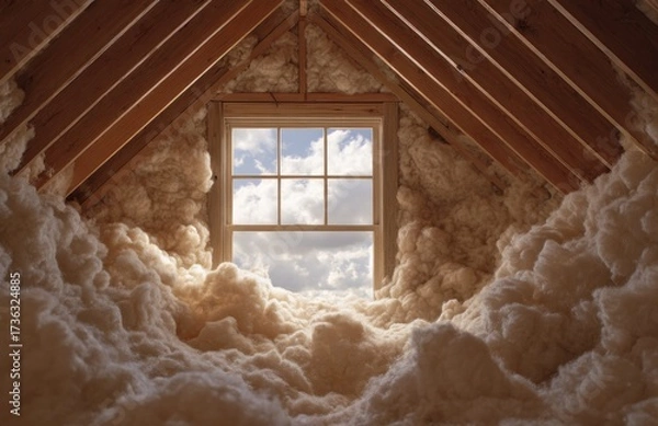 Fototapeta A cozy attic features a wooden ceiling and a window framing puffy white clouds, creating an airy, peaceful atmosphere perfect for daydreaming or relaxation.