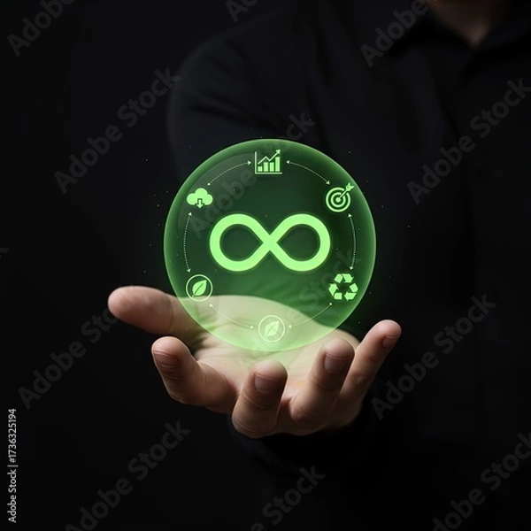 Fototapeta Hand Holding Glowing Green Circular Economy, Sustainable Business Process, Digital Transformation, Environmental Responsibility, and Innovation Cycle, Showing Infinite Growth