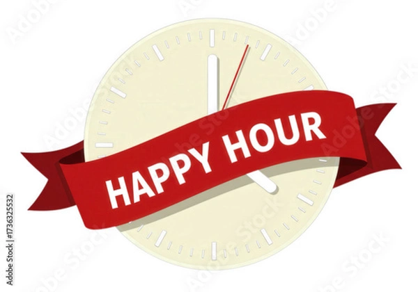 Obraz A promotional image for happy hour, featuring a clock with a red ribbon. This image is perfect for advertising discounts on drinks and food at bars and restaurants.