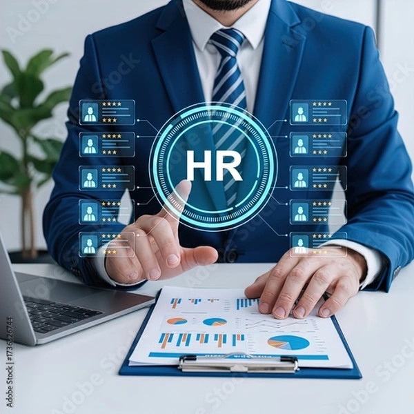 Fototapeta Businessman Manages Human Resources hr with a Futuristic Holographic Interface, Reviewing Candidate Profiles, Data, and Talent Analytics for Recruitment and Business Strategy in a Modern Office