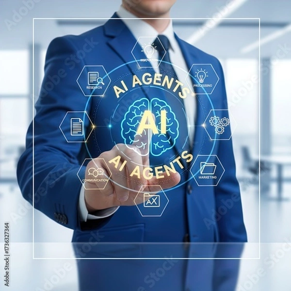 Fototapeta Businessman Interacts with Holographic Ai Agents Interface, Showcasing Research, Innovation, Processing, and Marketing in a Modern Office