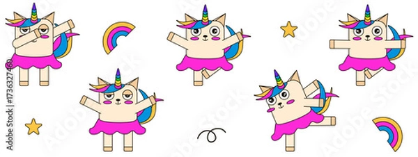 Fototapeta Cute Unicorn set. Vector illustration of fun Unicorn in dancing skirt collection isolated white background. Perfect kids art child sticker children room interior design. Editable EPS 10