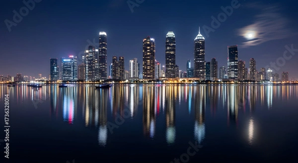 Fototapeta City skyline at night illuminated reflection