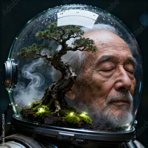 Fototapeta A futuristic and surreal portrait of an elderly man with a bonsai tree ecosystem inside his astronaut helmet. A concept of harmony, nature, and life.
