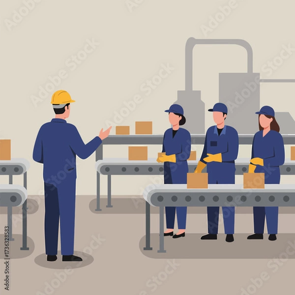 Fototapeta Factory workers on a conveyor belt with boxes.