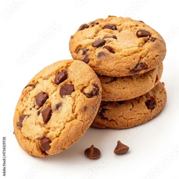 Fototapeta Stack of Golden Chocolate Chip Cookies on White, Bakery , Dessert