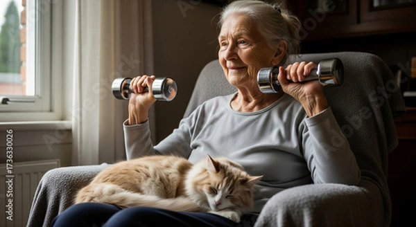 Obraz Active aging concept with an elderly woman lifting weights for strength training in her living room, enjoying a quiet moment with her cat