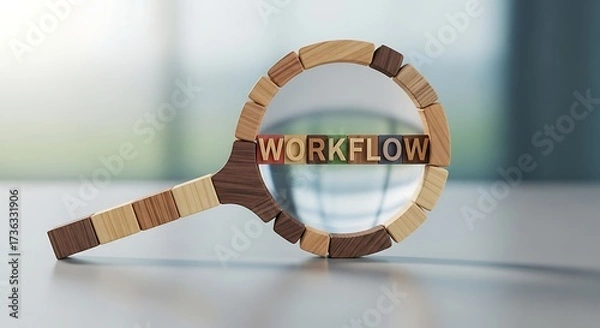 Fototapeta Workflow Process Optimization Magnifying Glass and Wooden Blocks Spelling the Word