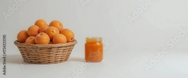 Fototapeta Apricot Simplicity  Wicker Basket of Ripe Fruit and Single Jam Jar   Minimalist Style with Clean Lines and a White Studio Background.