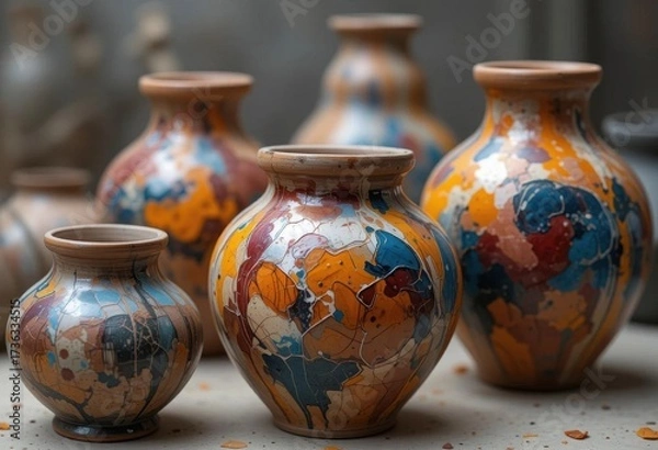 Fototapeta Brushstrokes of Time  Capturing Impermanence   Abstract Painted Pottery in Progress, A Symphony of Color