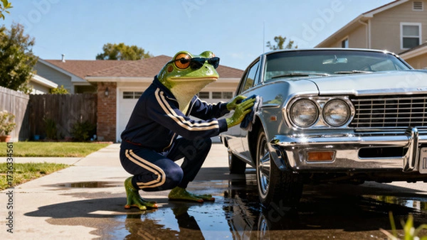 Fototapeta A funny anthropomorphic frog wearing a tracksuit and sunglasses washes a vintage lowrider car on a sunny suburban driveway. A surreal and humorous concept.
