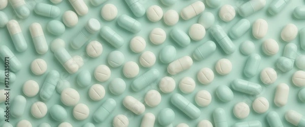 Obraz Mint Green   Off White Pill Repeat  Pharma Concept. Soft Color Palette, Calm   Trustworthy Medical Design, Healthcare Applications