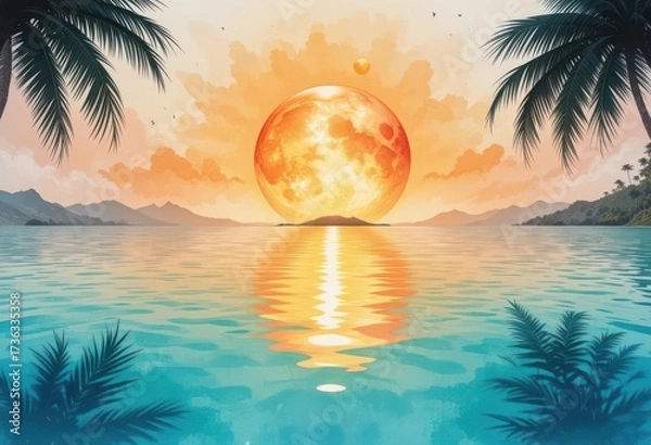 Obraz Turquoise Waters and Palm Silhouettes for a Relaxing Island Vibe