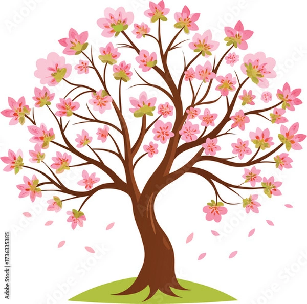 Obraz Stylized Cherry Blossom Tree with Pink Flowers and Brown Branches Illustration
